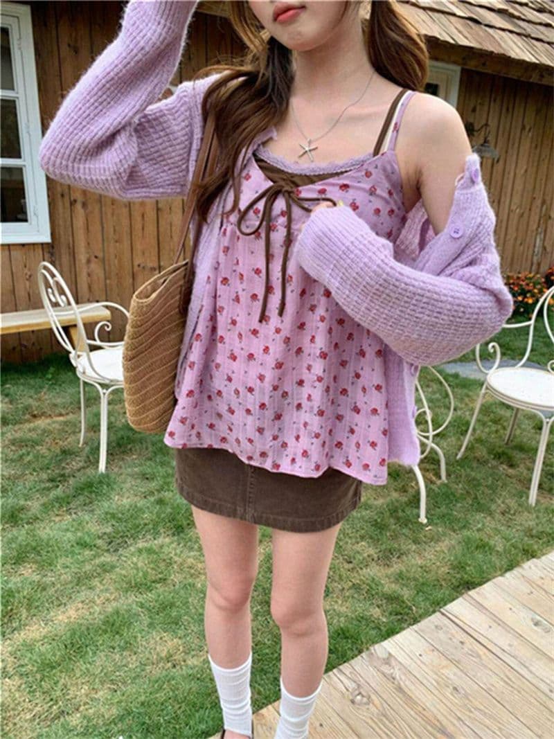 원본 품질 배색 꽃무늬 슬립 페이크 레이어드 순수한 욕망 조끼 달콤함 패치워크 색상 꽃무늬 캐미솔 상세 이미지 10