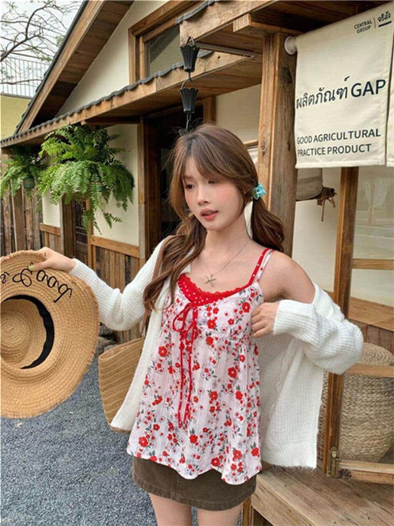 원본 품질 배색 꽃무늬 슬립 페이크 레이어드 순수한 욕망 조끼 달콤함 패치워크 색상 꽃무늬 캐미솔 상세 이미지 12
