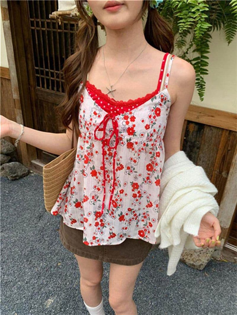 원본 품질 배색 꽃무늬 슬립 페이크 레이어드 순수한 욕망 조끼 달콤함 패치워크 색상 꽃무늬 캐미솔 상세 이미지 14