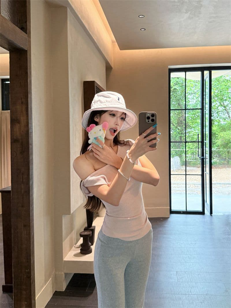 원본 원단 핫걸 비스듬한 어깨 반팔 티셔츠 여름 새로운 몸매 가꾸기 슬림해 보이는 오프숄더 맨위 여성 의류 상세 이미지 31