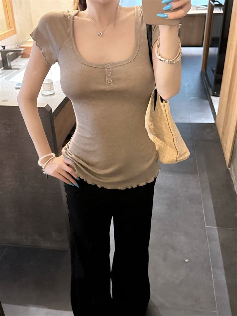 원본 원단 작은 대중 프릴 몸매 가꾸기 대 u 칼라 반팔 티셔츠 여름 꼬집기 허리 디스플레이 얇고 작은 날다 소매 맨위 상세 이미지 9