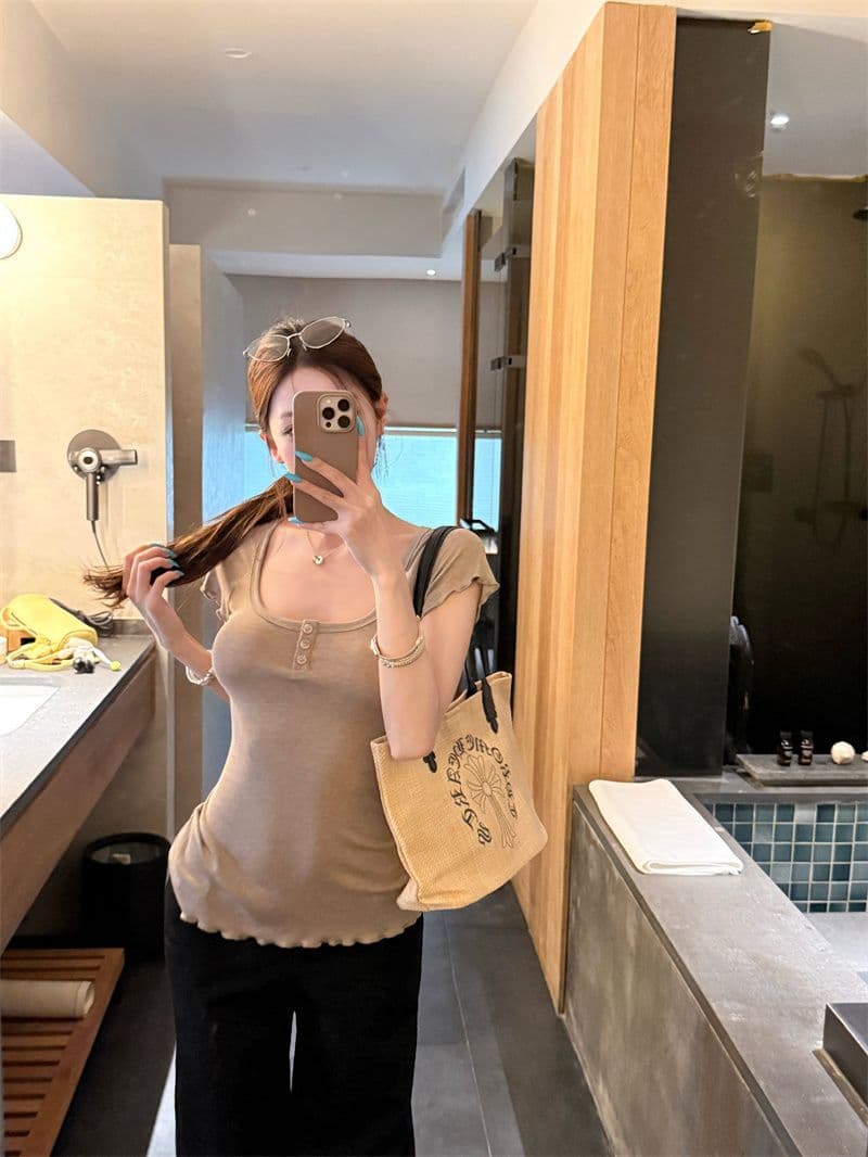 원본 원단 작은 대중 프릴 몸매 가꾸기 대 u 칼라 반팔 티셔츠 여름 꼬집기 허리 디스플레이 얇고 작은 날다 소매 맨위 상세 이미지 10