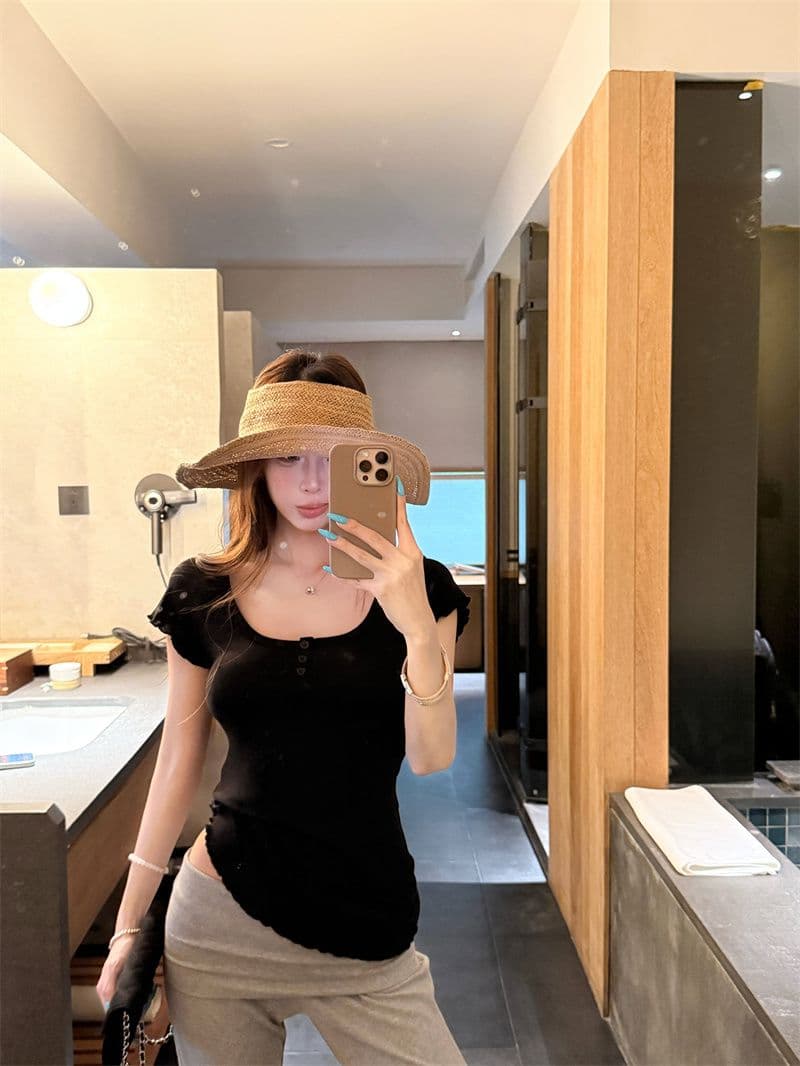 원본 원단 작은 대중 프릴 몸매 가꾸기 대 u 칼라 반팔 티셔츠 여름 꼬집기 허리 디스플레이 얇고 작은 날다 소매 맨위 상세 이미지 19