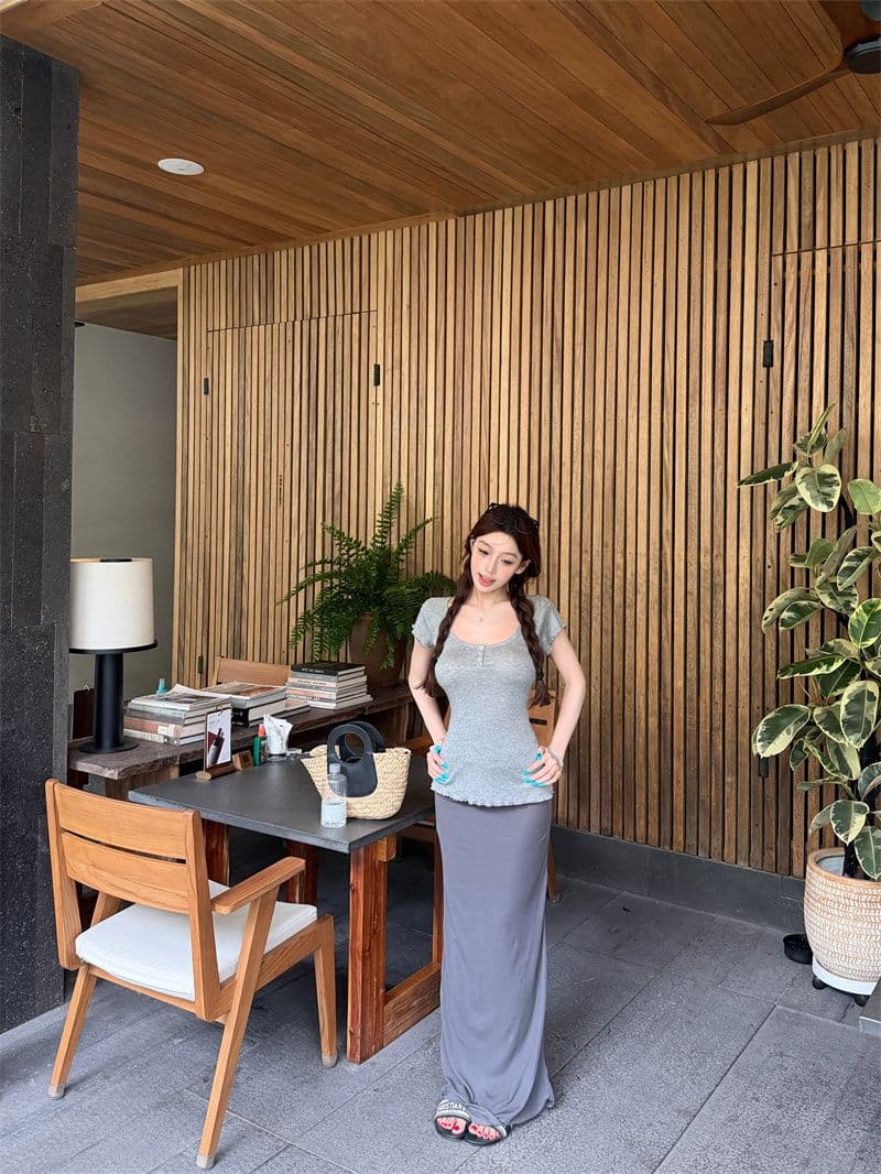 원본 원단 작은 대중 프릴 몸매 가꾸기 대 u 칼라 반팔 티셔츠 여름 꼬집기 허리 디스플레이 얇고 작은 날다 소매 맨위 상세 이미지 26