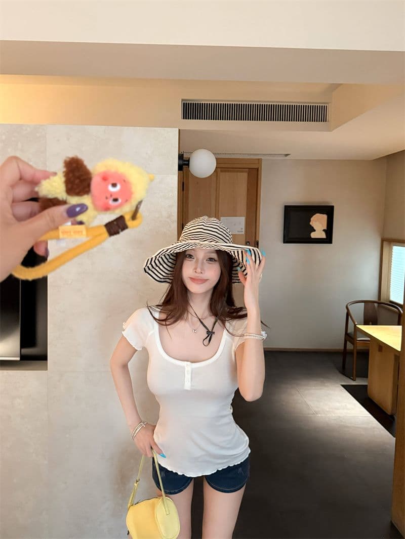 원본 원단 작은 대중 프릴 몸매 가꾸기 대 u 칼라 반팔 티셔츠 여름 꼬집기 허리 디스플레이 얇고 작은 날다 소매 맨위 상세 이미지 32