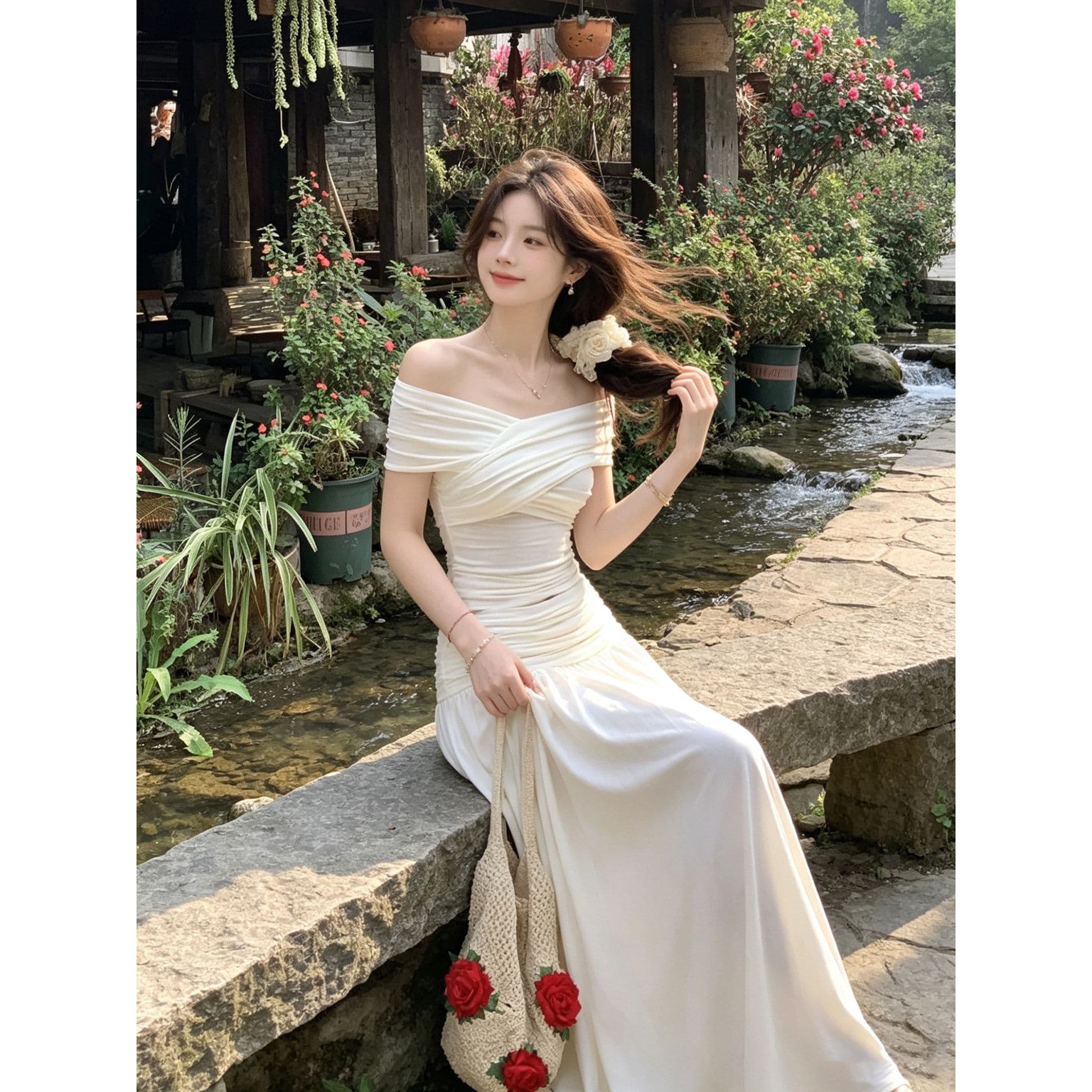 프랑스식 오프숄더 세트 여성 여름 품격 몸매 가꾸기 슬림해 보이는 품격 맨위 반신 롱 스커트 투피스 세트 이미지 4