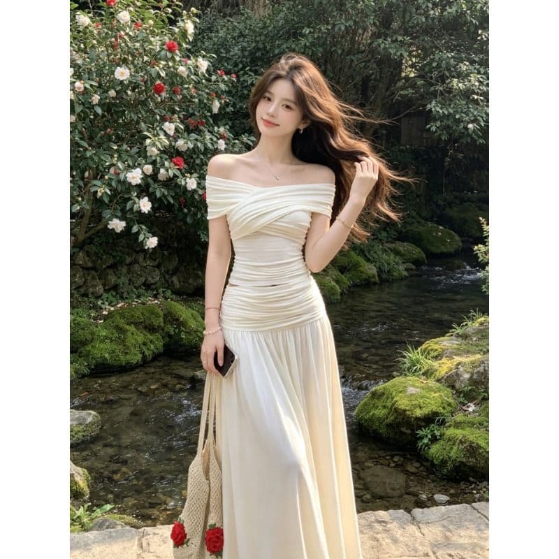 프랑스식 오프숄더 세트 여성 여름 품격 몸매 가꾸기 슬림해 보이는 품격 맨위 반신 롱 스커트 투피스 세트