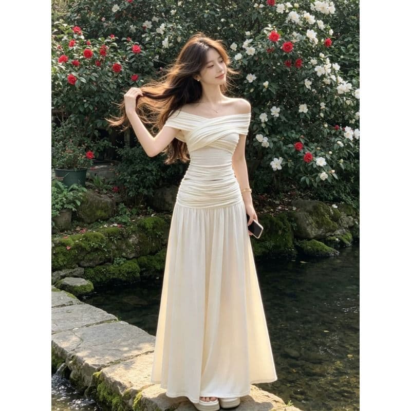 프랑스식 오프숄더 세트 여성 여름 품격 몸매 가꾸기 슬림해 보이는 품격 맨위 반신 롱 스커트 투피스 세트 이미지 3