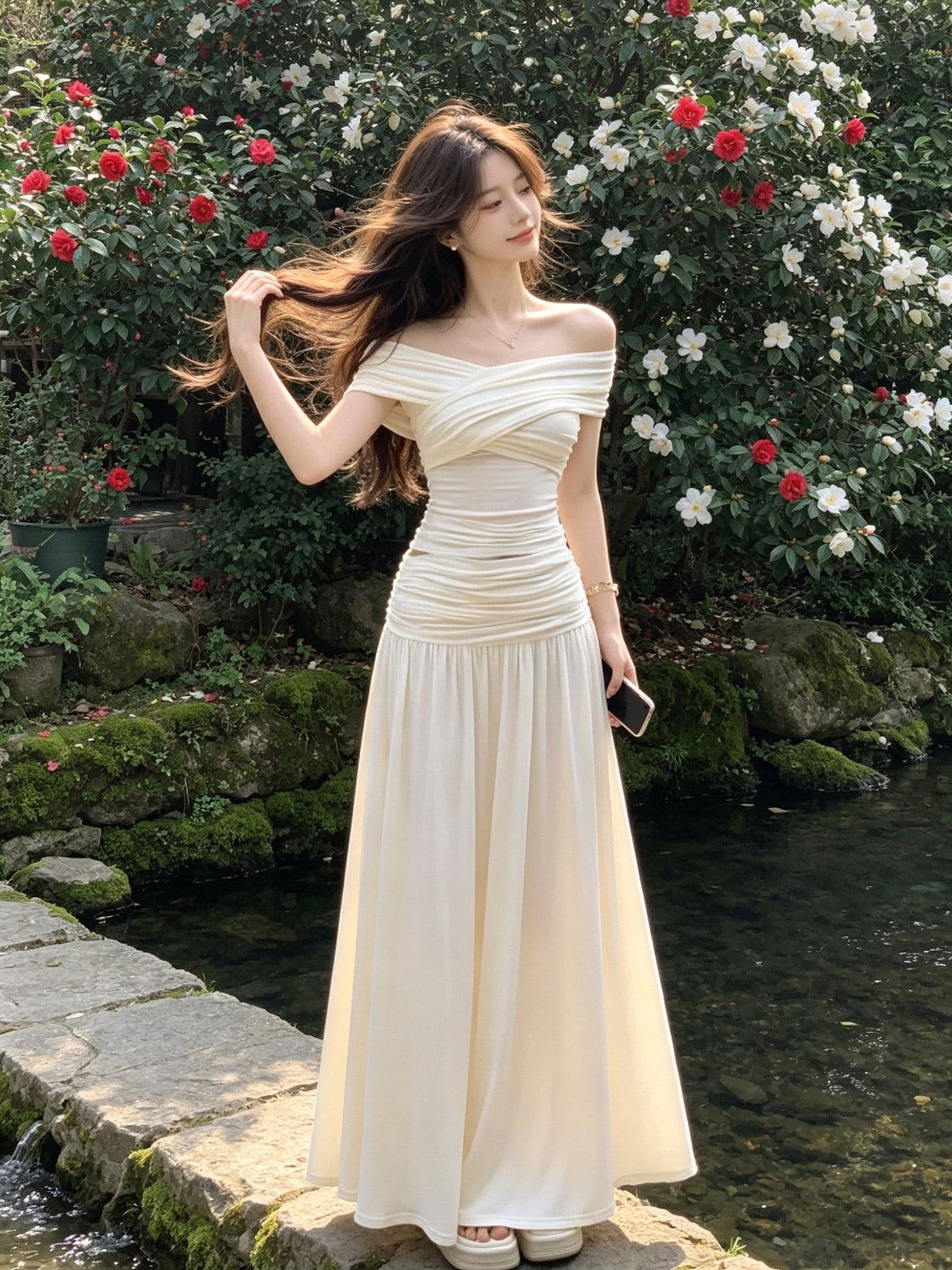 프랑스식 오프숄더 세트 여성 여름 품격 몸매 가꾸기 슬림해 보이는 품격 맨위 반신 롱 스커트 투피스 세트 상세 이미지 1