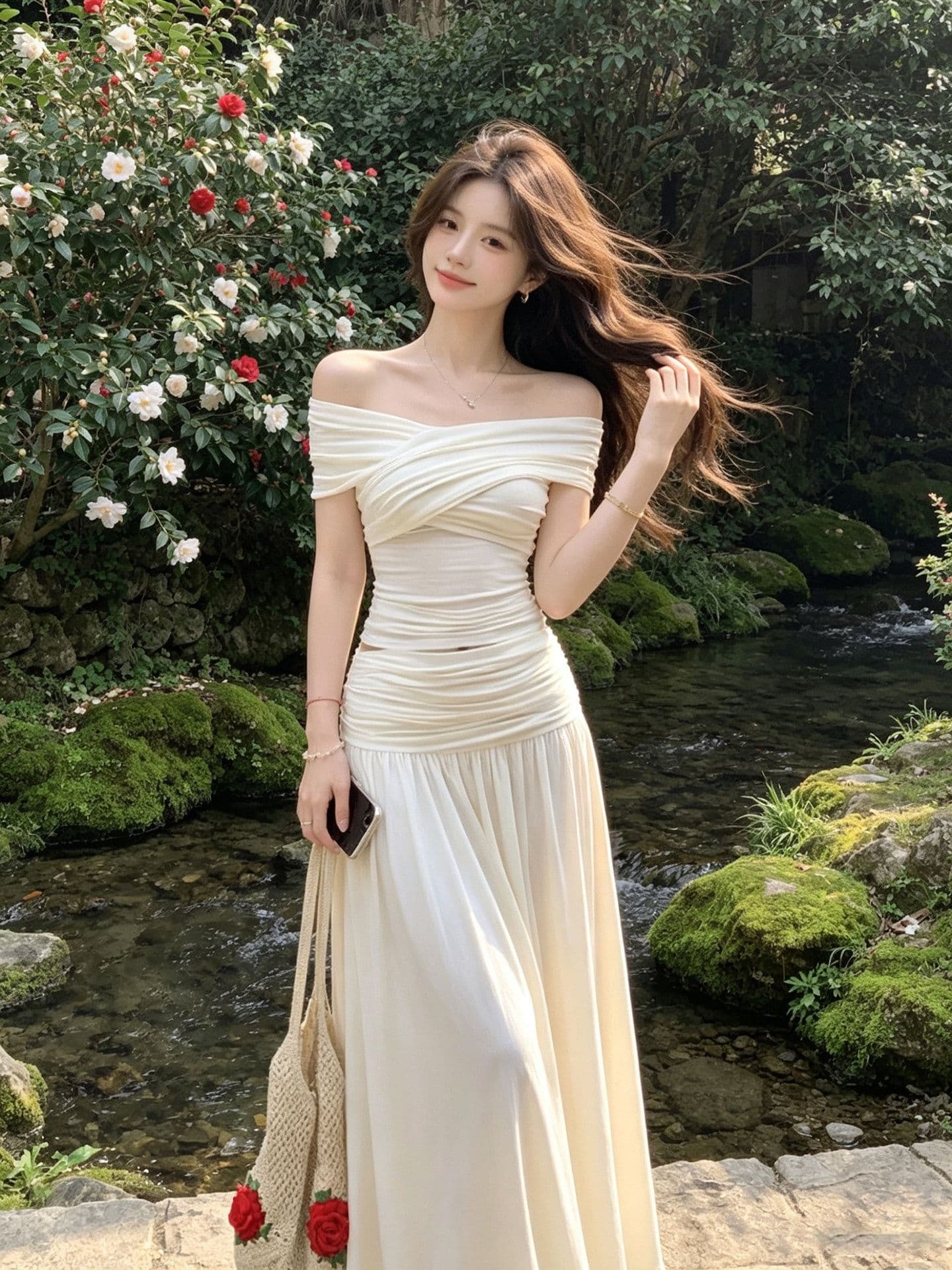 프랑스식 오프숄더 세트 여성 여름 품격 몸매 가꾸기 슬림해 보이는 품격 맨위 반신 롱 스커트 투피스 세트 상세 이미지 4