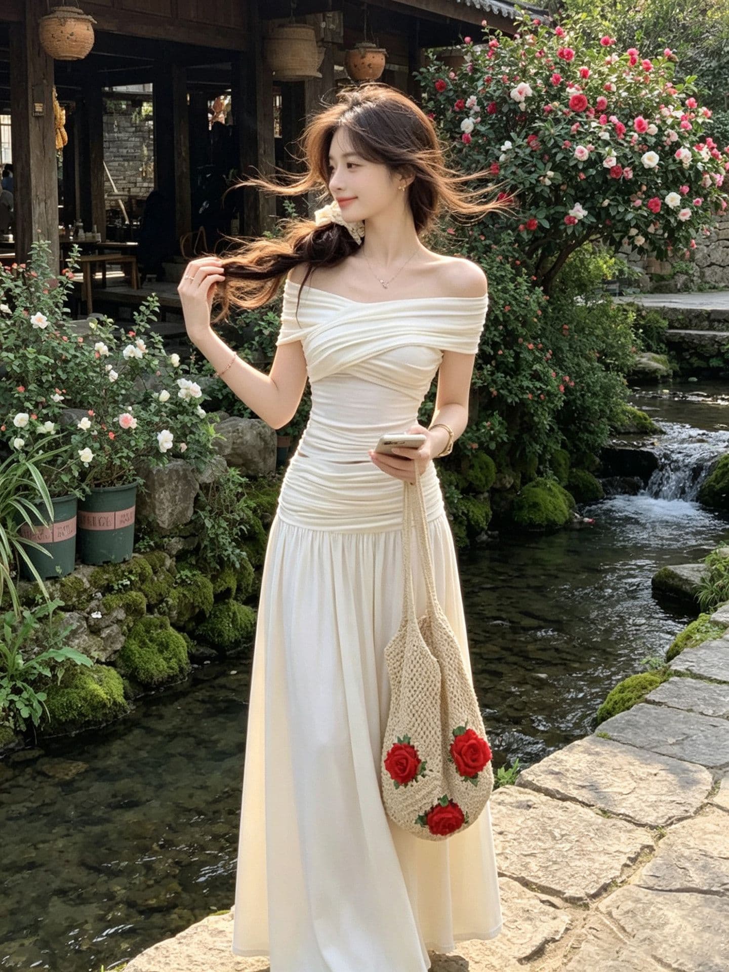 프랑스식 오프숄더 세트 여성 여름 품격 몸매 가꾸기 슬림해 보이는 품격 맨위 반신 롱 스커트 투피스 세트 상세 이미지 8