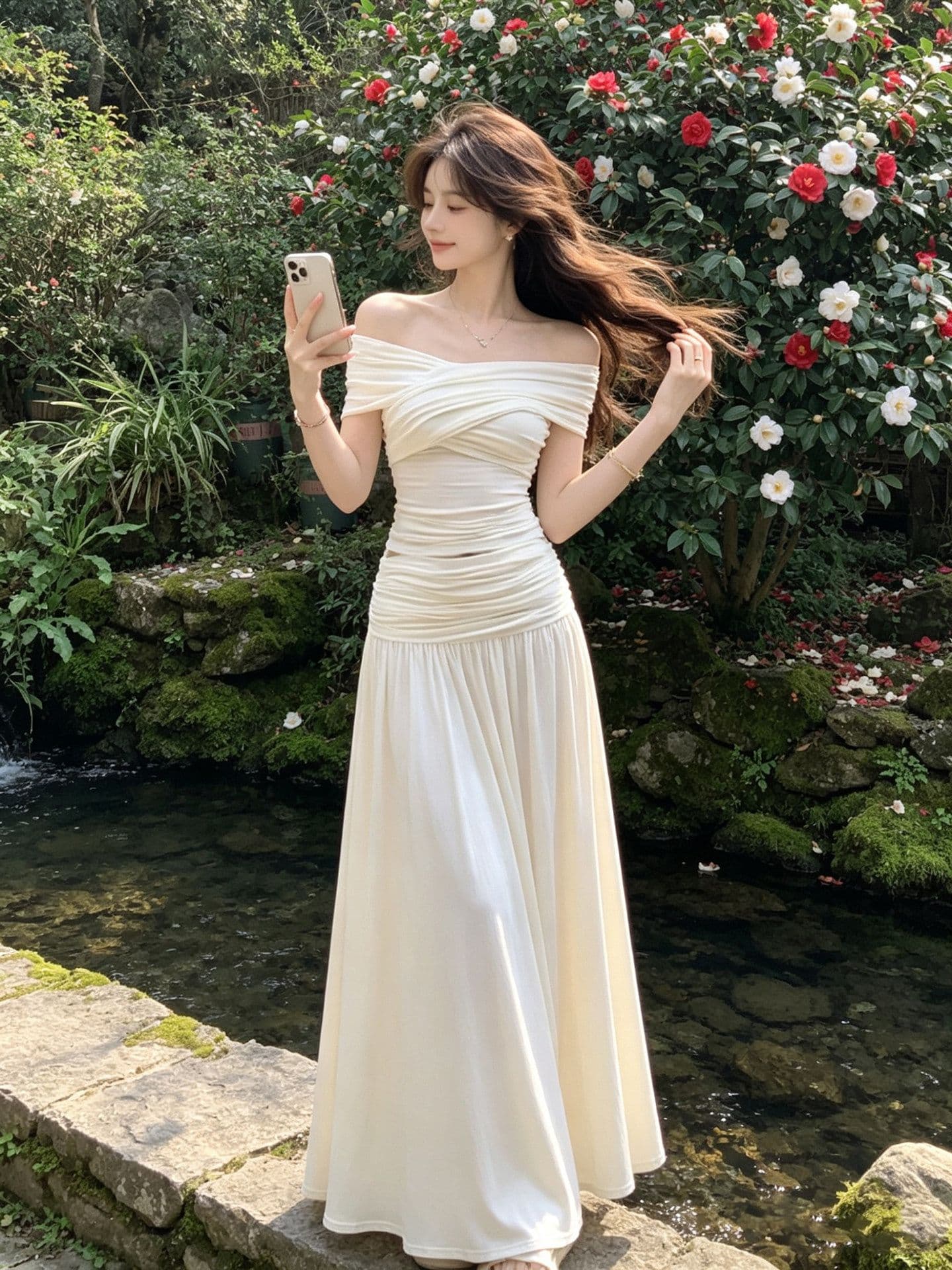 프랑스식 오프숄더 세트 여성 여름 품격 몸매 가꾸기 슬림해 보이는 품격 맨위 반신 롱 스커트 투피스 세트 상세 이미지 9