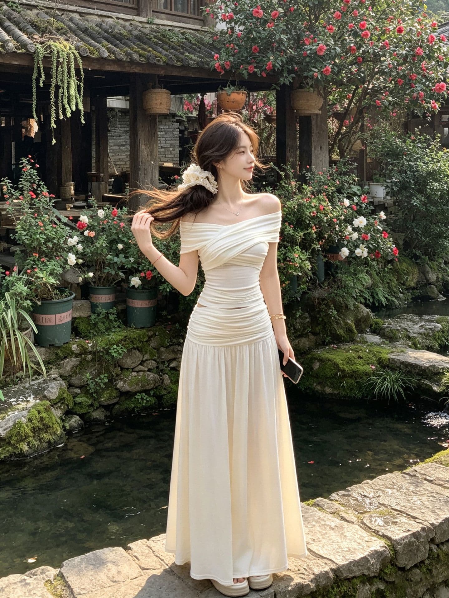 프랑스식 오프숄더 세트 여성 여름 품격 몸매 가꾸기 슬림해 보이는 품격 맨위 반신 롱 스커트 투피스 세트 상세 이미지 11