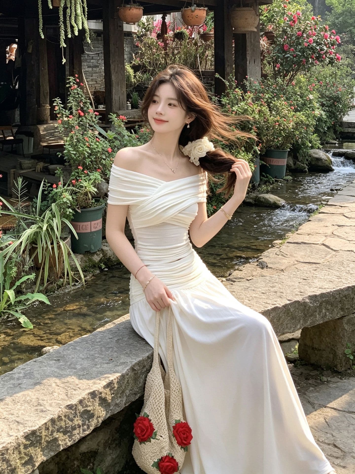 프랑스식 오프숄더 세트 여성 여름 품격 몸매 가꾸기 슬림해 보이는 품격 맨위 반신 롱 스커트 투피스 세트 상세 이미지 12