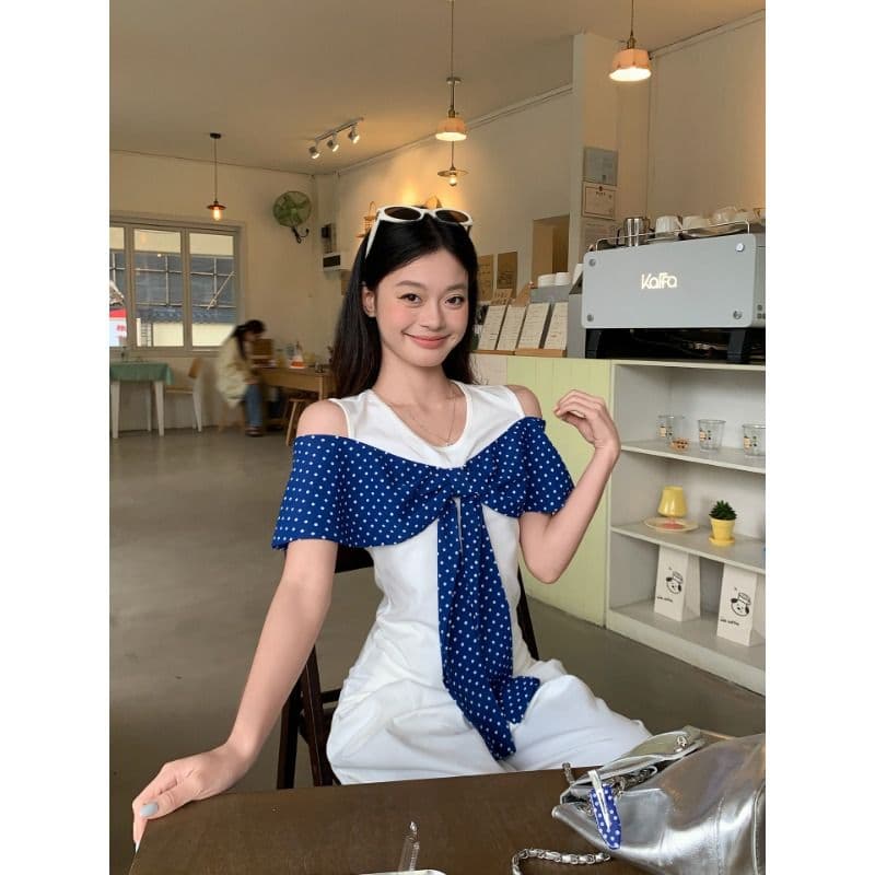 원본 원단 것 화이트 오프숄더 반팔 티셔츠 여성 여름 도트 무늬 나비 매듭 그레이트 봐. 의류 이미지 2