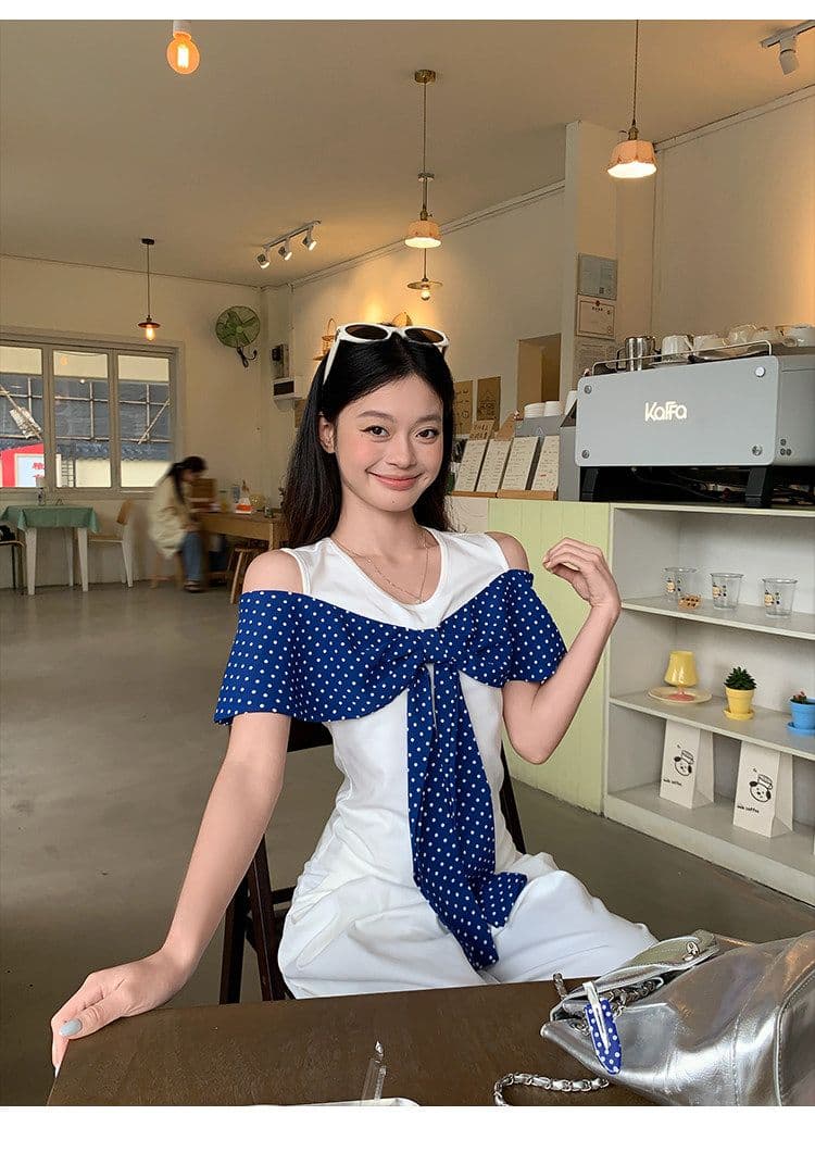 원본 원단 것 화이트 오프숄더 반팔 티셔츠 여성 여름 도트 무늬 나비 매듭 그레이트 봐. 의류 상세 이미지 6
