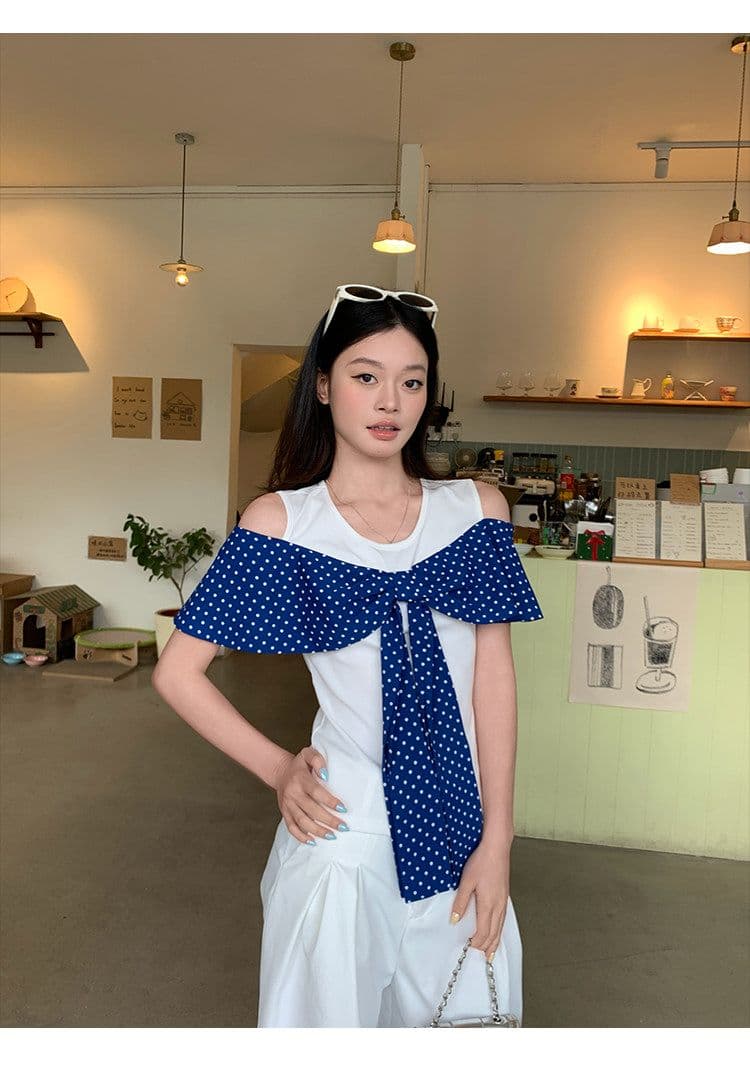 원본 원단 것 화이트 오프숄더 반팔 티셔츠 여성 여름 도트 무늬 나비 매듭 그레이트 봐. 의류 상세 이미지 7
