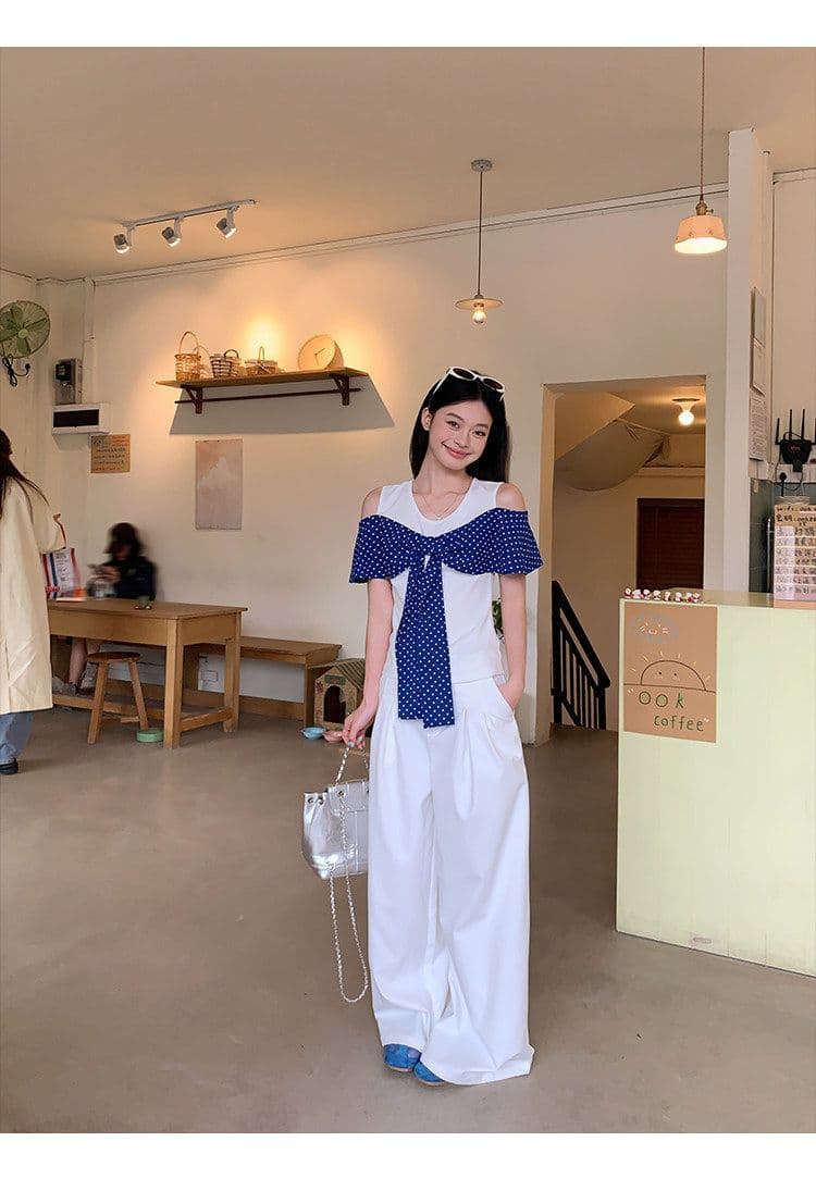 원본 원단 것 화이트 오프숄더 반팔 티셔츠 여성 여름 도트 무늬 나비 매듭 그레이트 봐. 의류 상세 이미지 9
