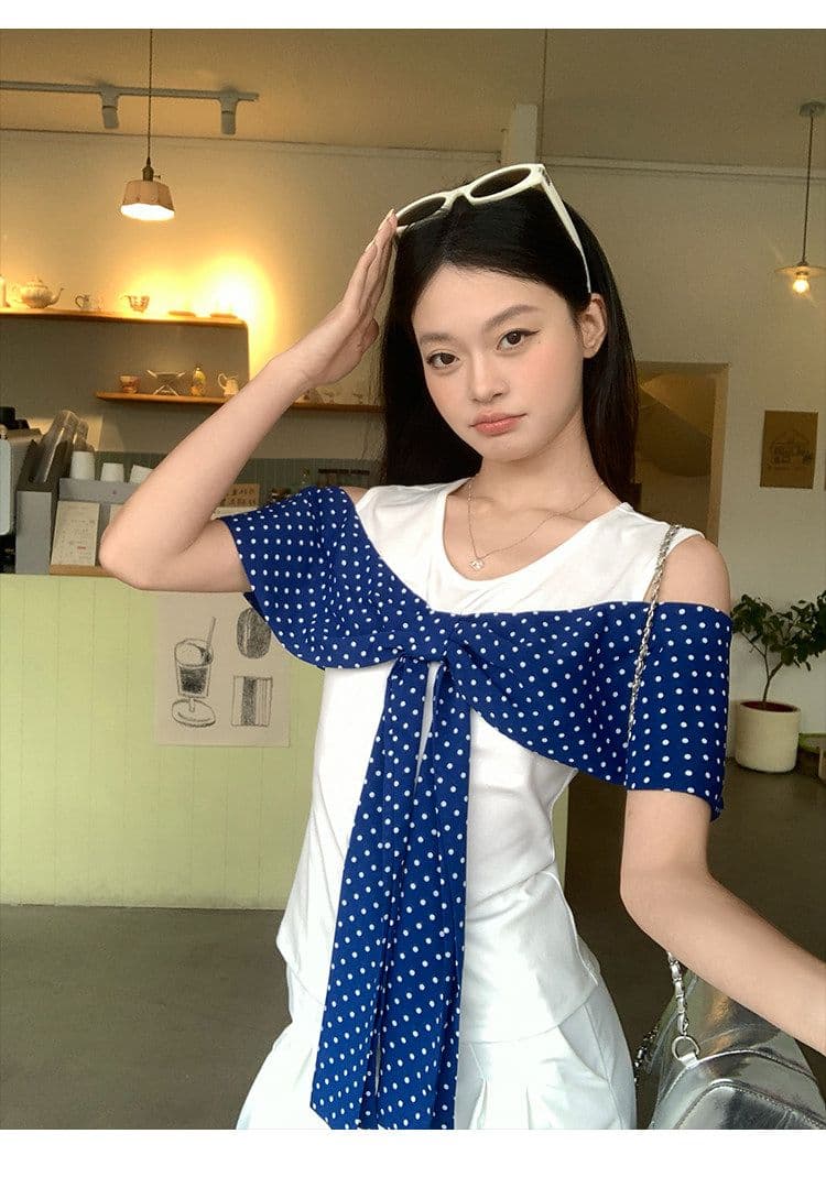 원본 원단 것 화이트 오프숄더 반팔 티셔츠 여성 여름 도트 무늬 나비 매듭 그레이트 봐. 의류 상세 이미지 12