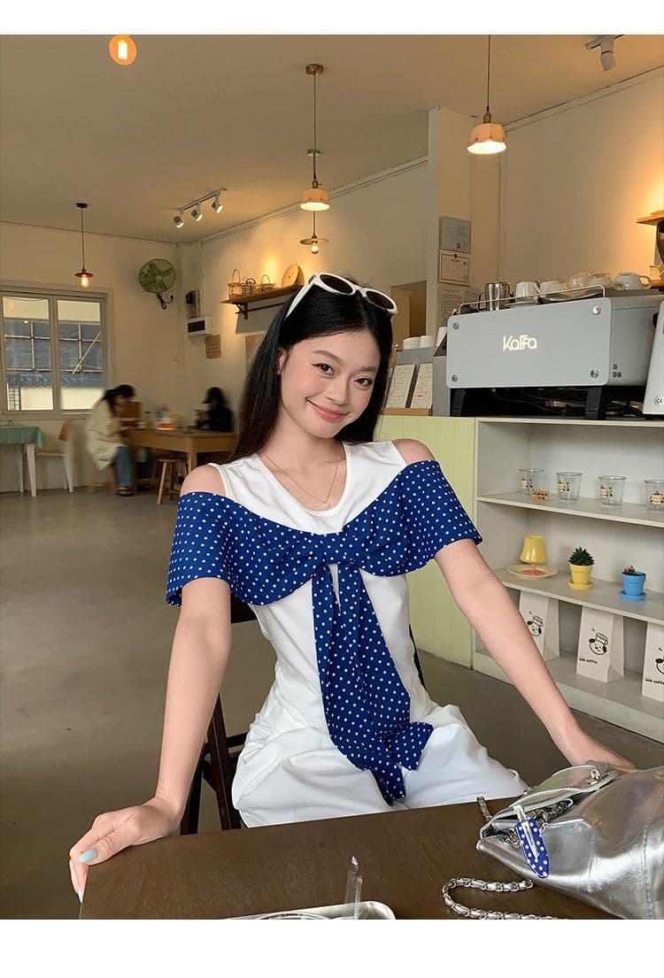 원본 원단 것 화이트 오프숄더 반팔 티셔츠 여성 여름 도트 무늬 나비 매듭 그레이트 봐. 의류 상세 이미지 14