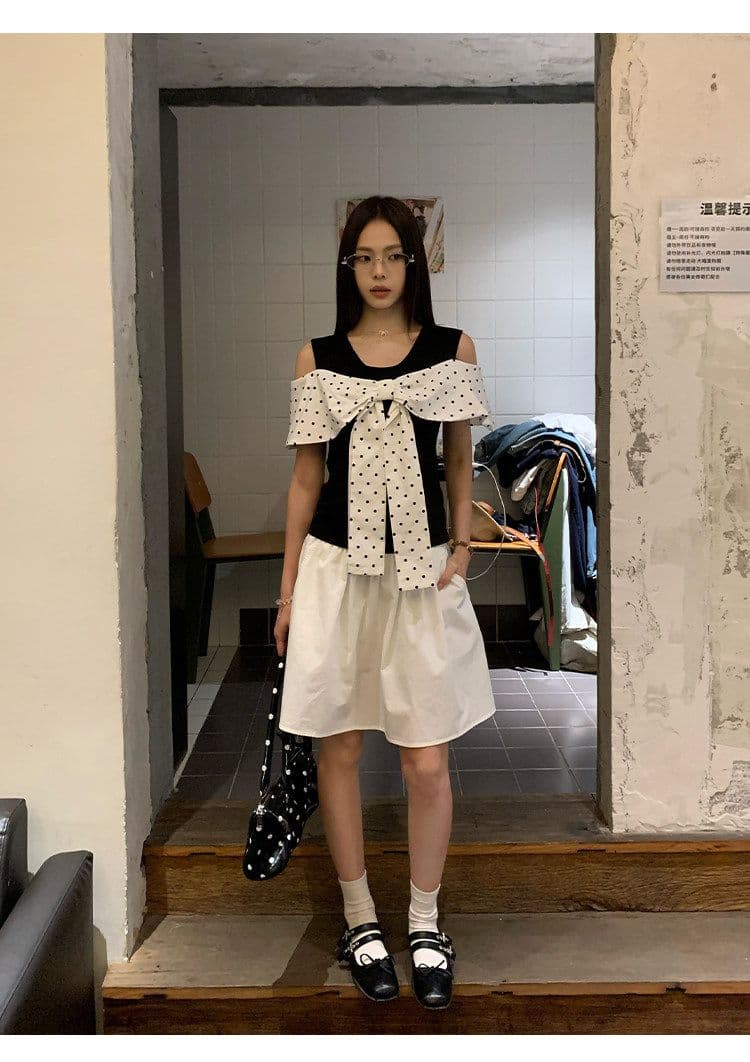 원본 원단 것 화이트 오프숄더 반팔 티셔츠 여성 여름 도트 무늬 나비 매듭 그레이트 봐. 의류 상세 이미지 17