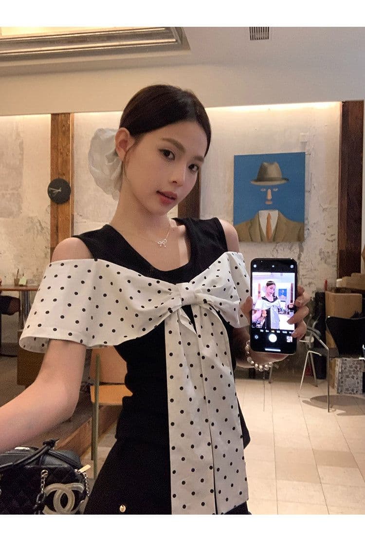 원본 원단 것 화이트 오프숄더 반팔 티셔츠 여성 여름 도트 무늬 나비 매듭 그레이트 봐. 의류 상세 이미지 18