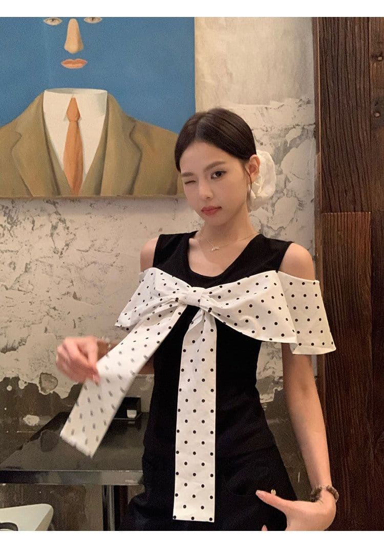 원본 원단 것 화이트 오프숄더 반팔 티셔츠 여성 여름 도트 무늬 나비 매듭 그레이트 봐. 의류 상세 이미지 19