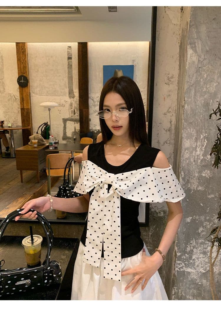 원본 원단 것 화이트 오프숄더 반팔 티셔츠 여성 여름 도트 무늬 나비 매듭 그레이트 봐. 의류 상세 이미지 24