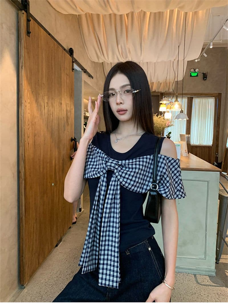 원본 원단 것 화이트 오프숄더 반팔 티셔츠 여성 여름 도트 무늬 나비 매듭 그레이트 봐. 의류 상세 이미지 25
