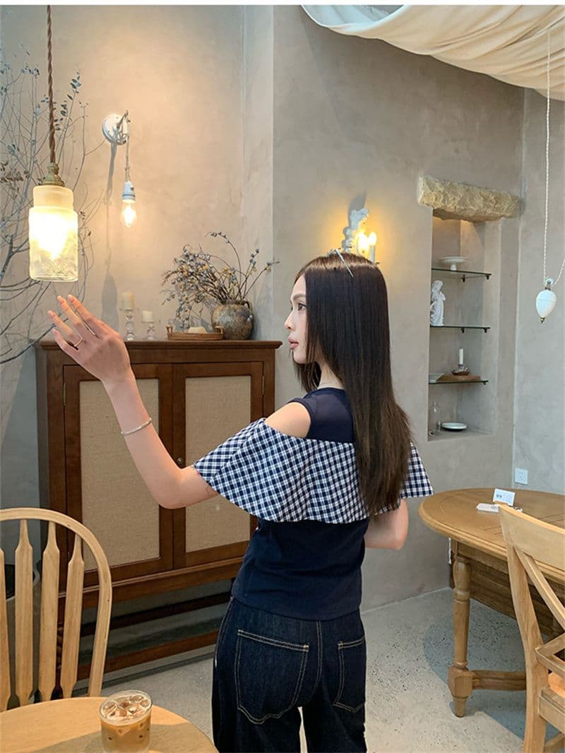 원본 원단 것 화이트 오프숄더 반팔 티셔츠 여성 여름 도트 무늬 나비 매듭 그레이트 봐. 의류 상세 이미지 29