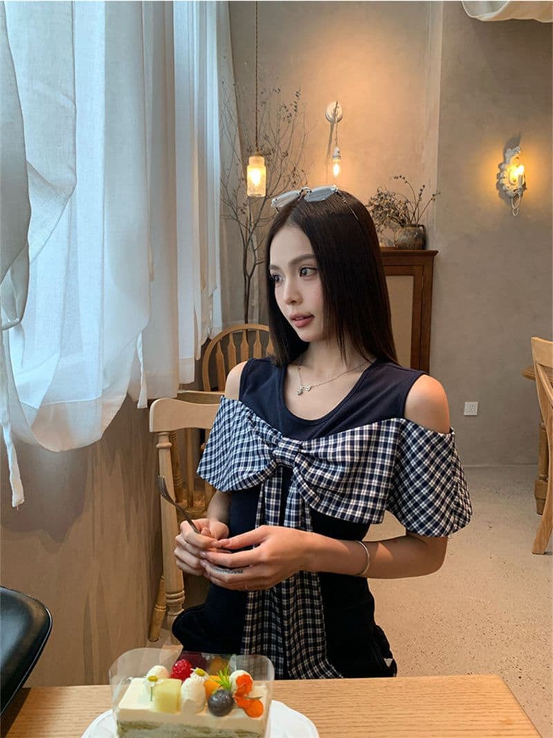 원본 원단 것 화이트 오프숄더 반팔 티셔츠 여성 여름 도트 무늬 나비 매듭 그레이트 봐. 의류 상세 이미지 30