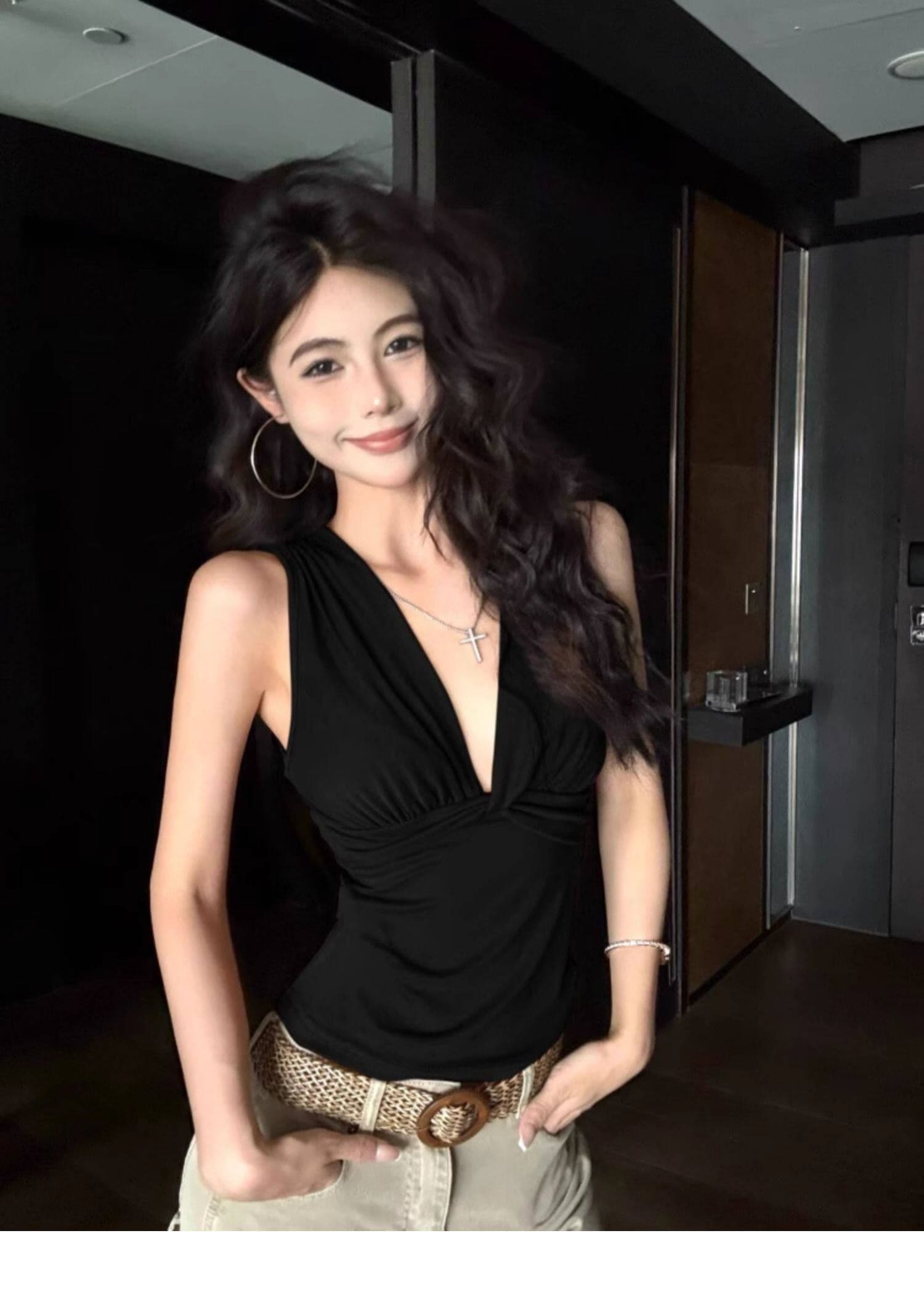 달콤한 핫걸 허리 수축 슬림해 보이는 V넥 행침 목 조끼 슬립 여성 고급 센스 태국 사람 스타일 도파민 민소매 맨위 상세 이미지 14
