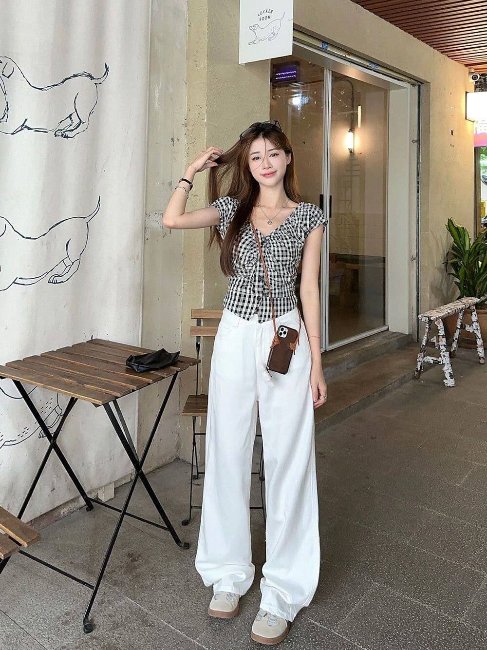 원본 셔틀 직물 달콤한 매운맛 검은 격자 V넥 버블 반팔 셔츠 여름 고유 한 작은 셔츠 허리 수축 맨위 상세 이미지 4