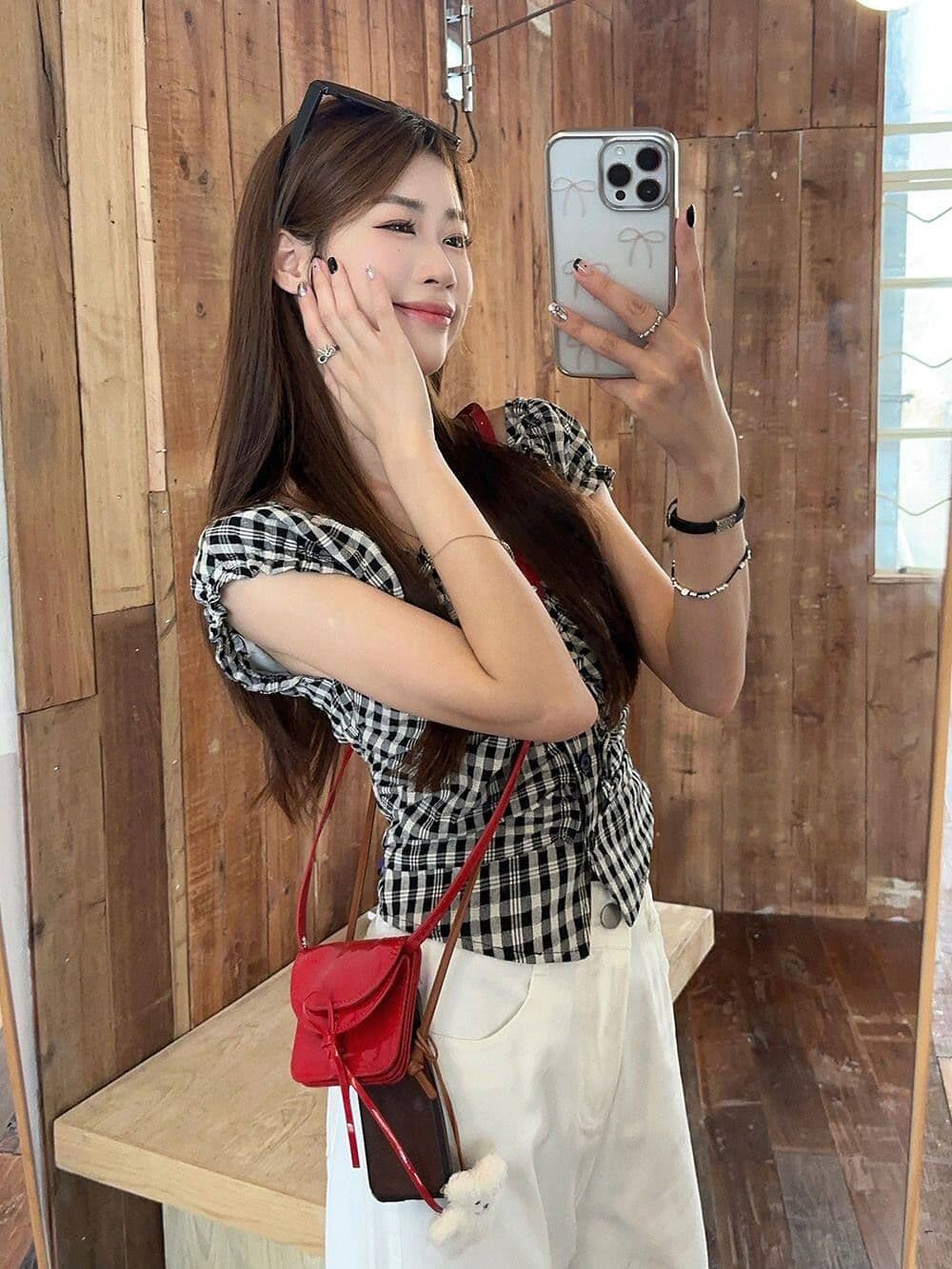 원본 셔틀 직물 달콤한 매운맛 검은 격자 V넥 버블 반팔 셔츠 여름 고유 한 작은 셔츠 허리 수축 맨위 상세 이미지 10
