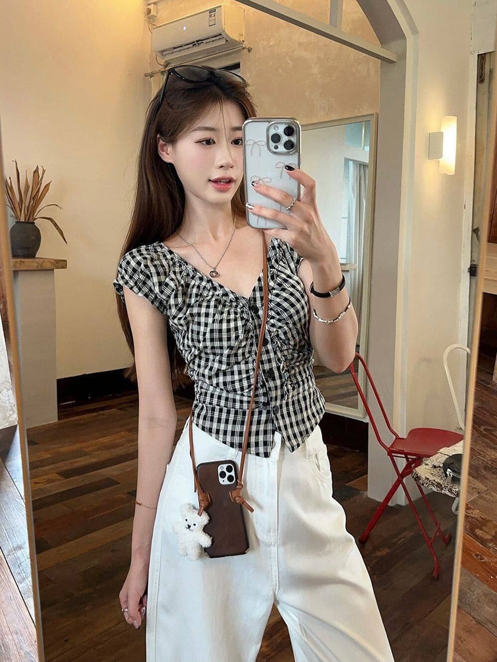 원본 셔틀 직물 달콤한 매운맛 검은 격자 V넥 버블 반팔 셔츠 여름 고유 한 작은 셔츠 허리 수축 맨위 상세 이미지 13