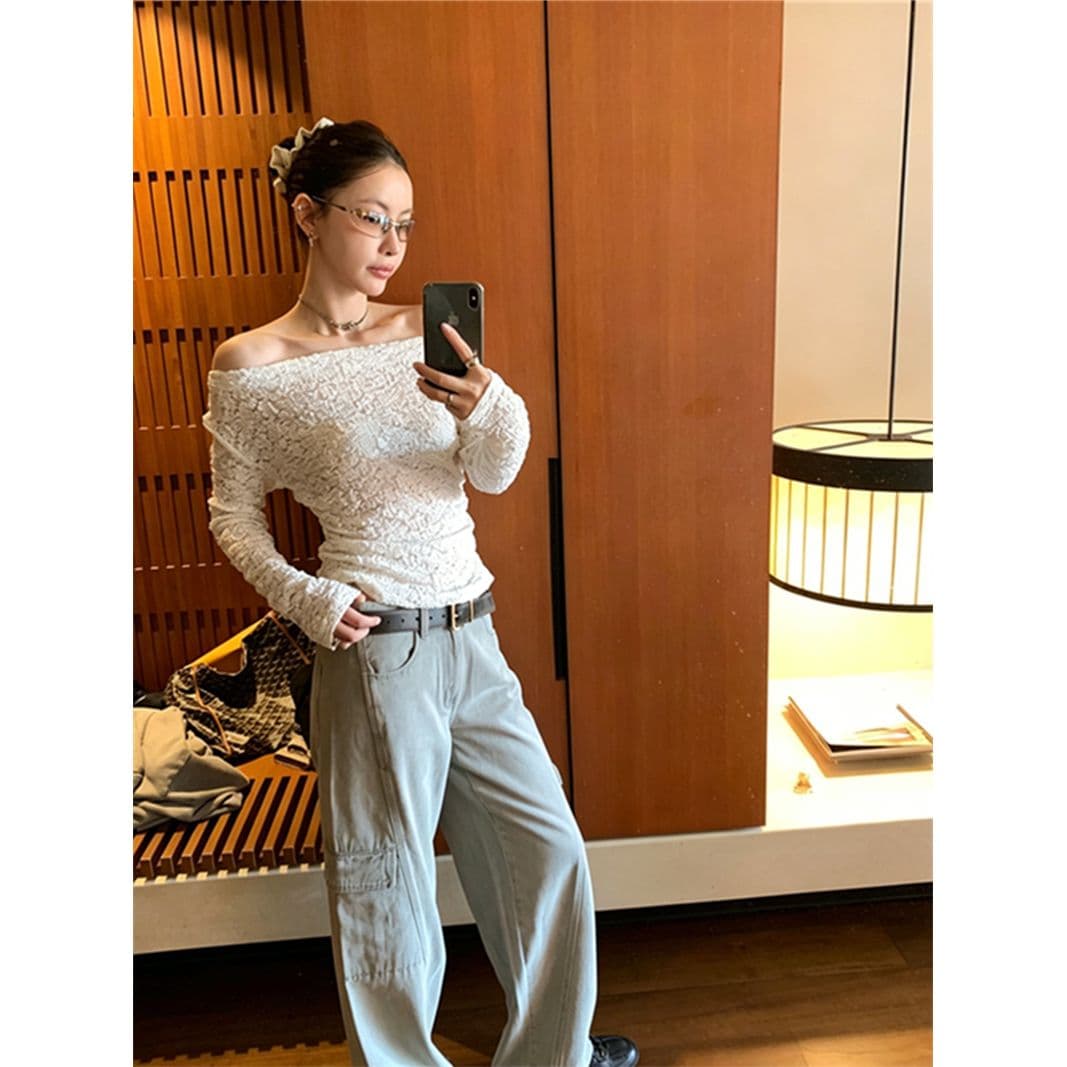 원본 품질 소녀 레이스 기본 셔츠 오프숄더 다용도 슬림해 보이는 둘 착용 홀로우 아웃 화이트 맨위 이미지 2