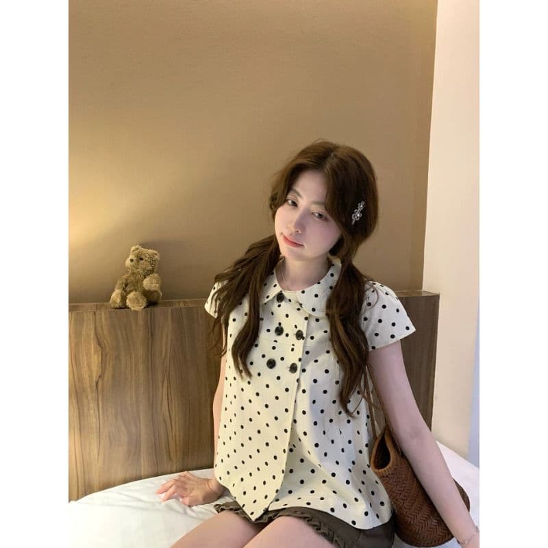 디자인 센스 도트 무늬 베이비 칼라 반팔 여성 셔츠 여름 작은 키 이중 버튼 디자인 센스 맨위 다용도 이미지 4