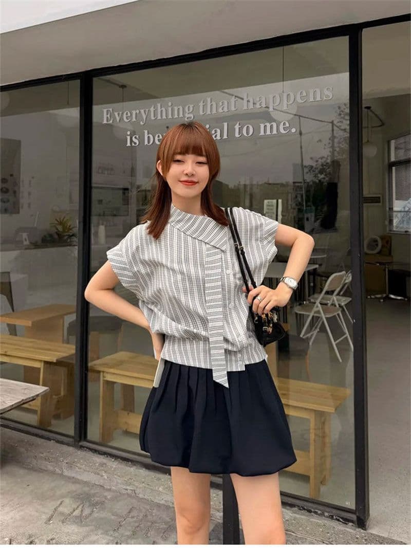 원본 레이스 자카드 원단 배색 체크무늬 폴로 칼라 불규칙 여성 셔츠 여름 품격 리본 맨위 상세 이미지 2