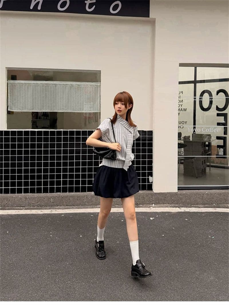원본 레이스 자카드 원단 배색 체크무늬 폴로 칼라 불규칙 여성 셔츠 여름 품격 리본 맨위 상세 이미지 3