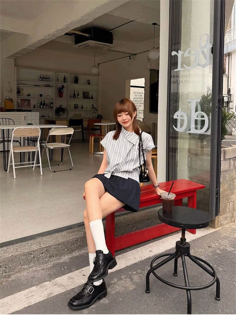 원본 레이스 자카드 원단 배색 체크무늬 폴로 칼라 불규칙 여성 셔츠 여름 품격 리본 맨위 상세 이미지 10