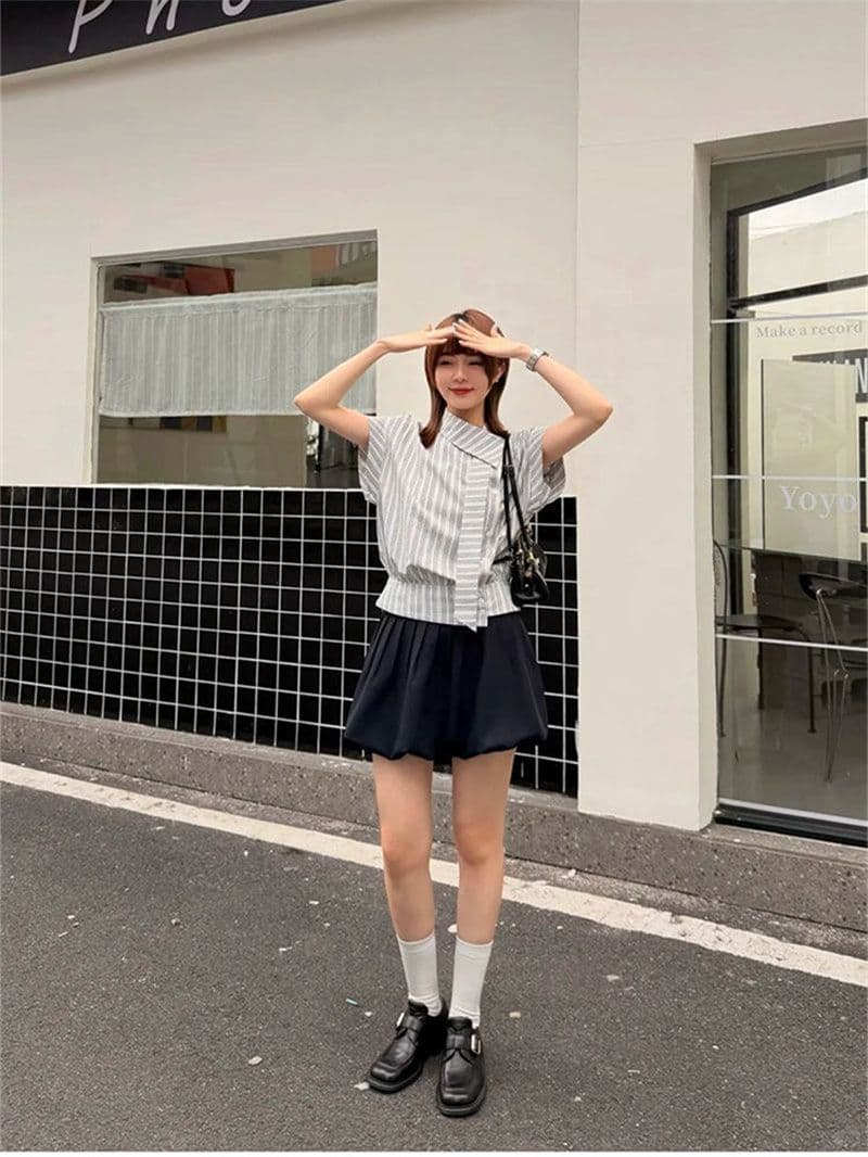 원본 레이스 자카드 원단 배색 체크무늬 폴로 칼라 불규칙 여성 셔츠 여름 품격 리본 맨위 상세 이미지 11