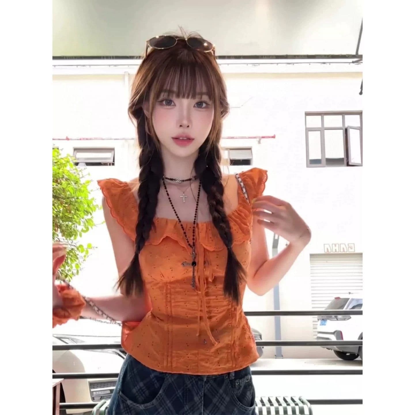 프랑스식 주황색 프릴 반팔 여성 셔츠 여름 핫걸 품격 섹시함 몸매 가꾸기 디스플레이 얇고 작은 날다 소매 쇼트 스타일 맨위 상세 이미지 3