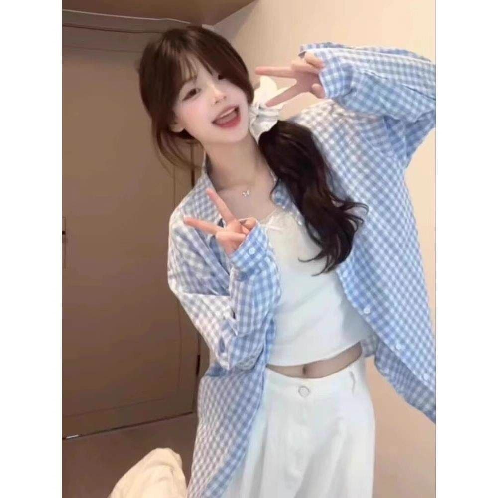 한 부서 파란색 체크무늬 닥스 훈트 자수 긴팔 자외선 차단 여성 셔츠 여름 캐주얼 다용도 루즈핏 맨위 재킷 이미지 4