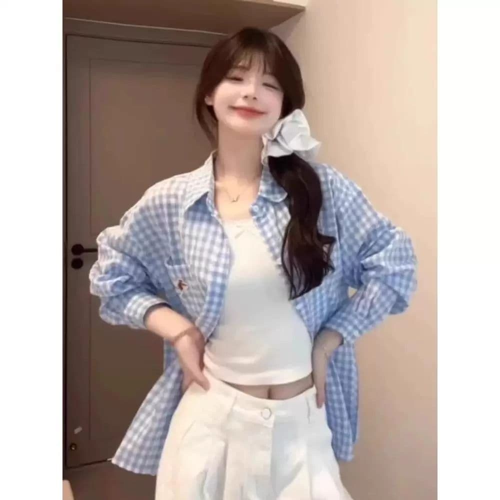 한 부서 파란색 체크무늬 닥스 훈트 자수 긴팔 자외선 차단 여성 셔츠 여름 캐주얼 다용도 루즈핏 맨위 재킷 상세 이미지 2
