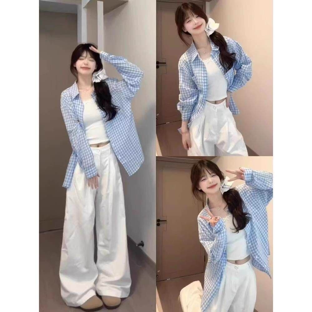 한 부서 파란색 체크무늬 닥스 훈트 자수 긴팔 자외선 차단 여성 셔츠 여름 캐주얼 다용도 루즈핏 맨위 재킷 상세 이미지 3