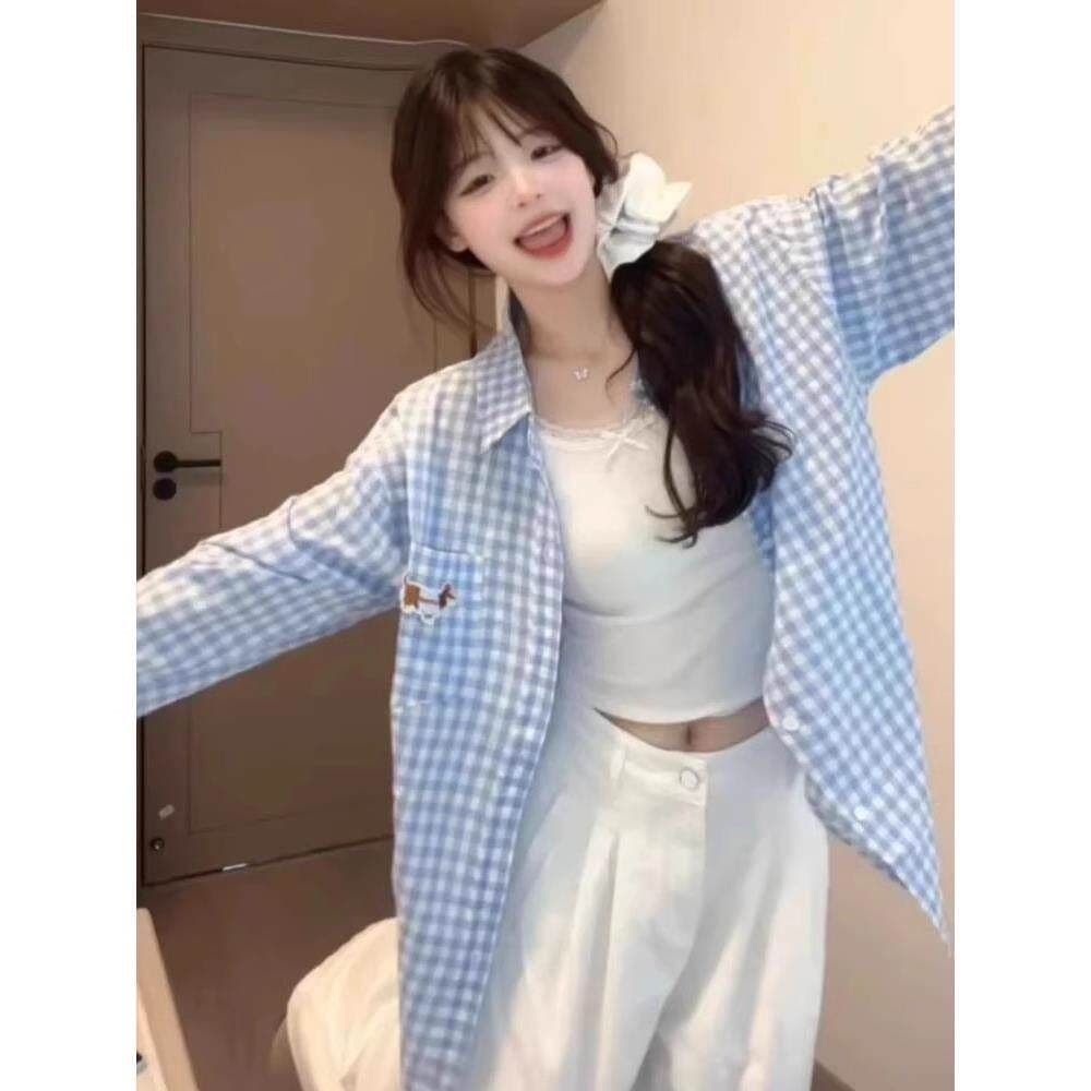 한 부서 파란색 체크무늬 닥스 훈트 자수 긴팔 자외선 차단 여성 셔츠 여름 캐주얼 다용도 루즈핏 맨위 재킷 상세 이미지 4