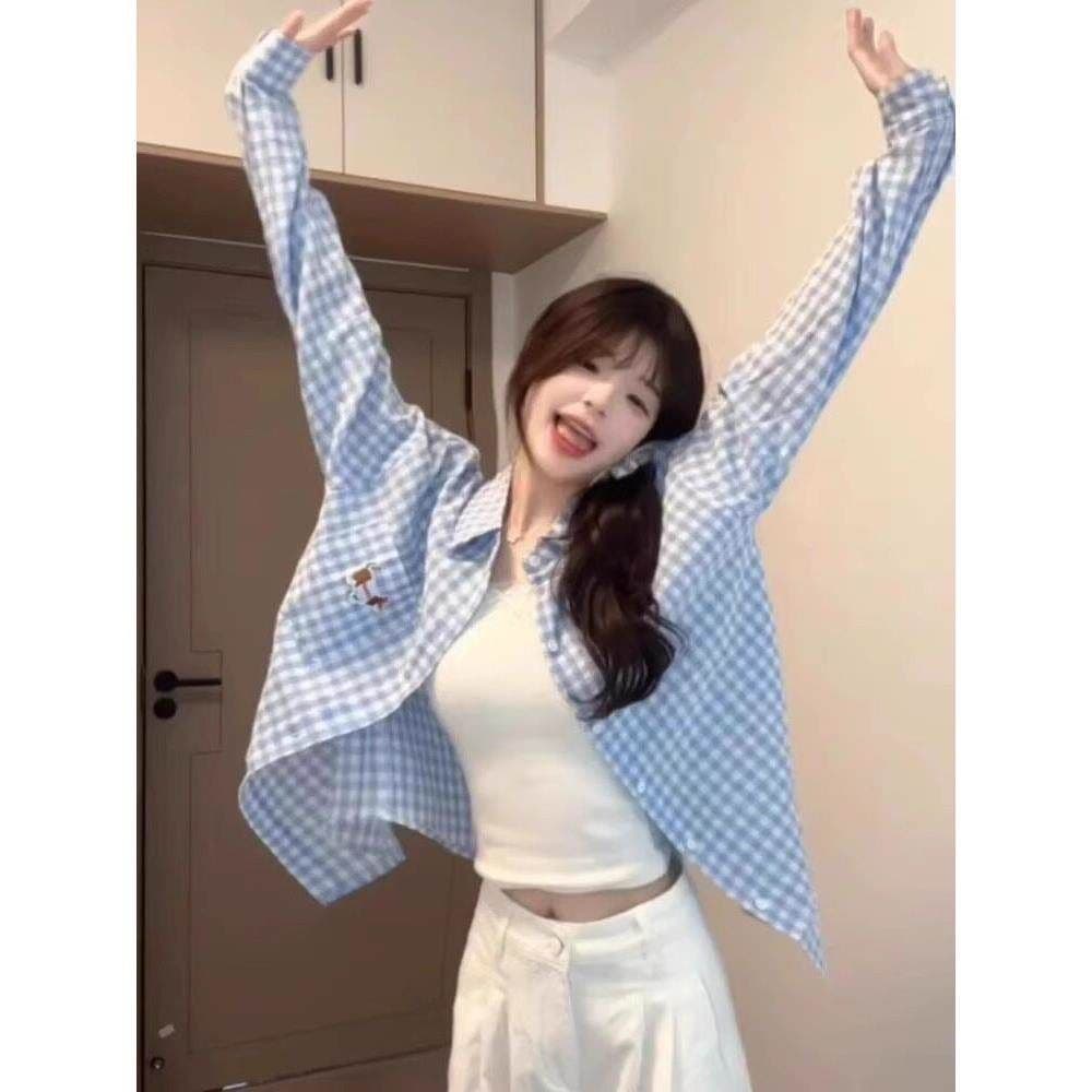 한 부서 파란색 체크무늬 닥스 훈트 자수 긴팔 자외선 차단 여성 셔츠 여름 캐주얼 다용도 루즈핏 맨위 재킷 상세 이미지 6