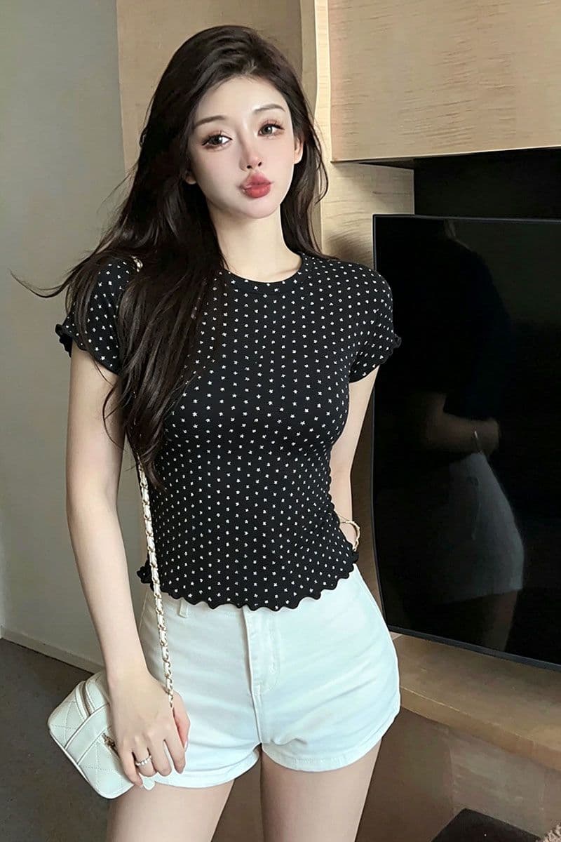 별 프린트 반팔 티셔츠 여성 Xiamu 귀 라운드 넥 디자인 센스 고유 한 아름다운 꼬집기 허리 화이트 맨위 상세 이미지 8