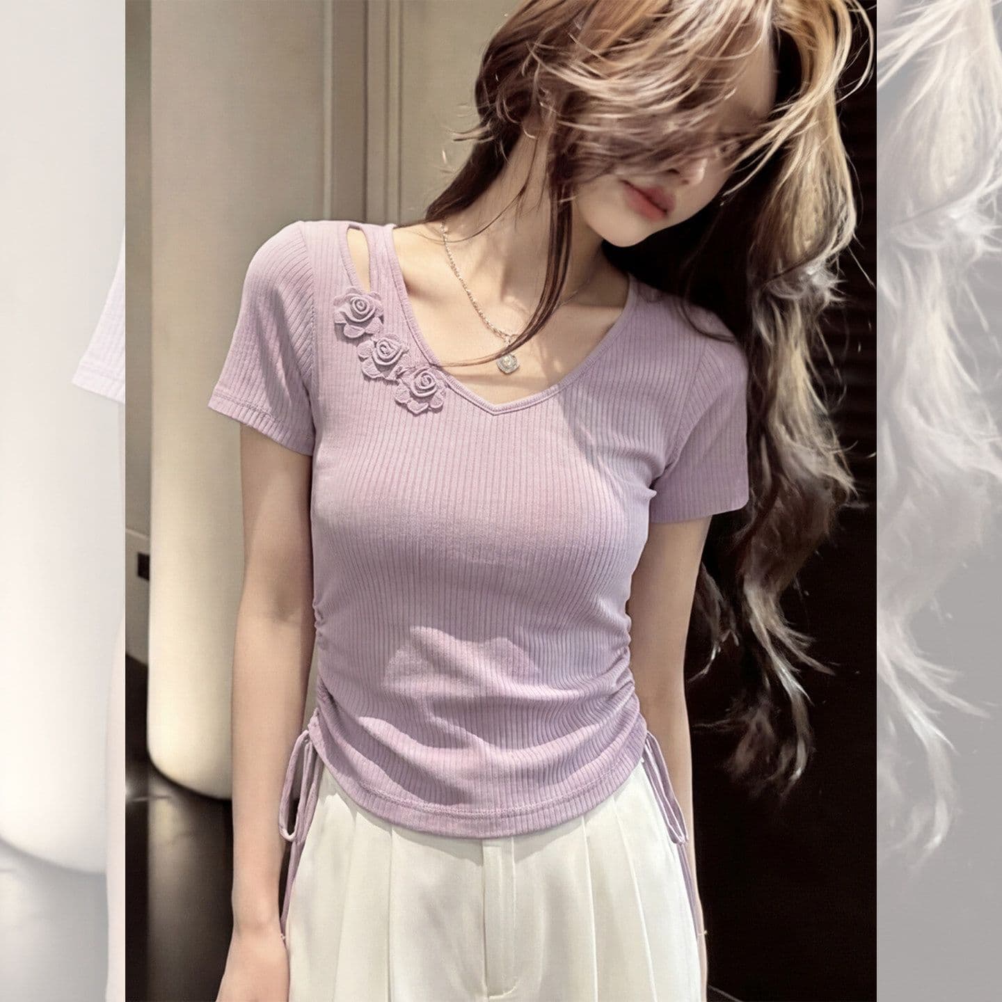 빅 사이즈 디자인 센스 V넥 홀로우 아웃 긍정적 인 어깨 반팔 티셔츠 여성 2026 여름 새로운 허리 수축 맨위 상세 이미지 6