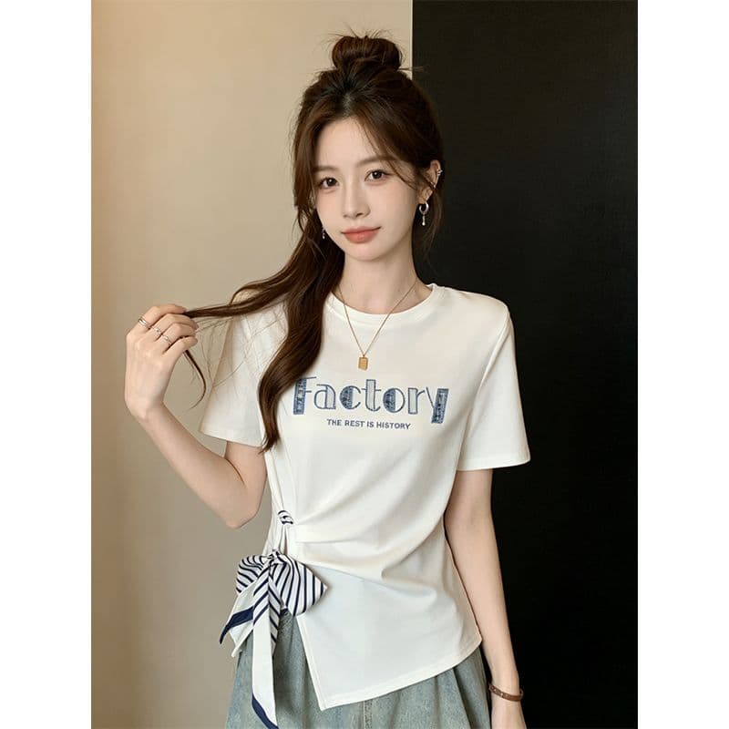 빅 사이즈 불규칙 나비 매듭 반팔 여성 2026 여름 새로운 허리 수축 쇼트 스타일 맨위 상세 이미지 6